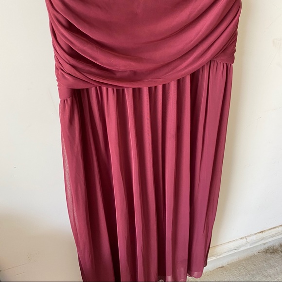 Long Fit and Flare Mesh Wine Bridesmaid Dress - Picture 2 of 6